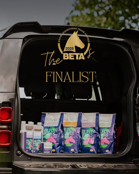 An equine supplement advertisement featuring professional product photography of the brand line-up inside a vehicle, anchored by a 2025 award finalist badge.